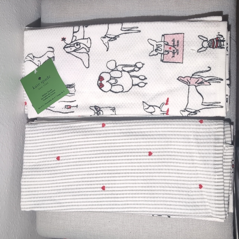 NWT Kate Spade Dog & Grey Stripe Heart Print White cotton Kitchen Towel 2 Pack